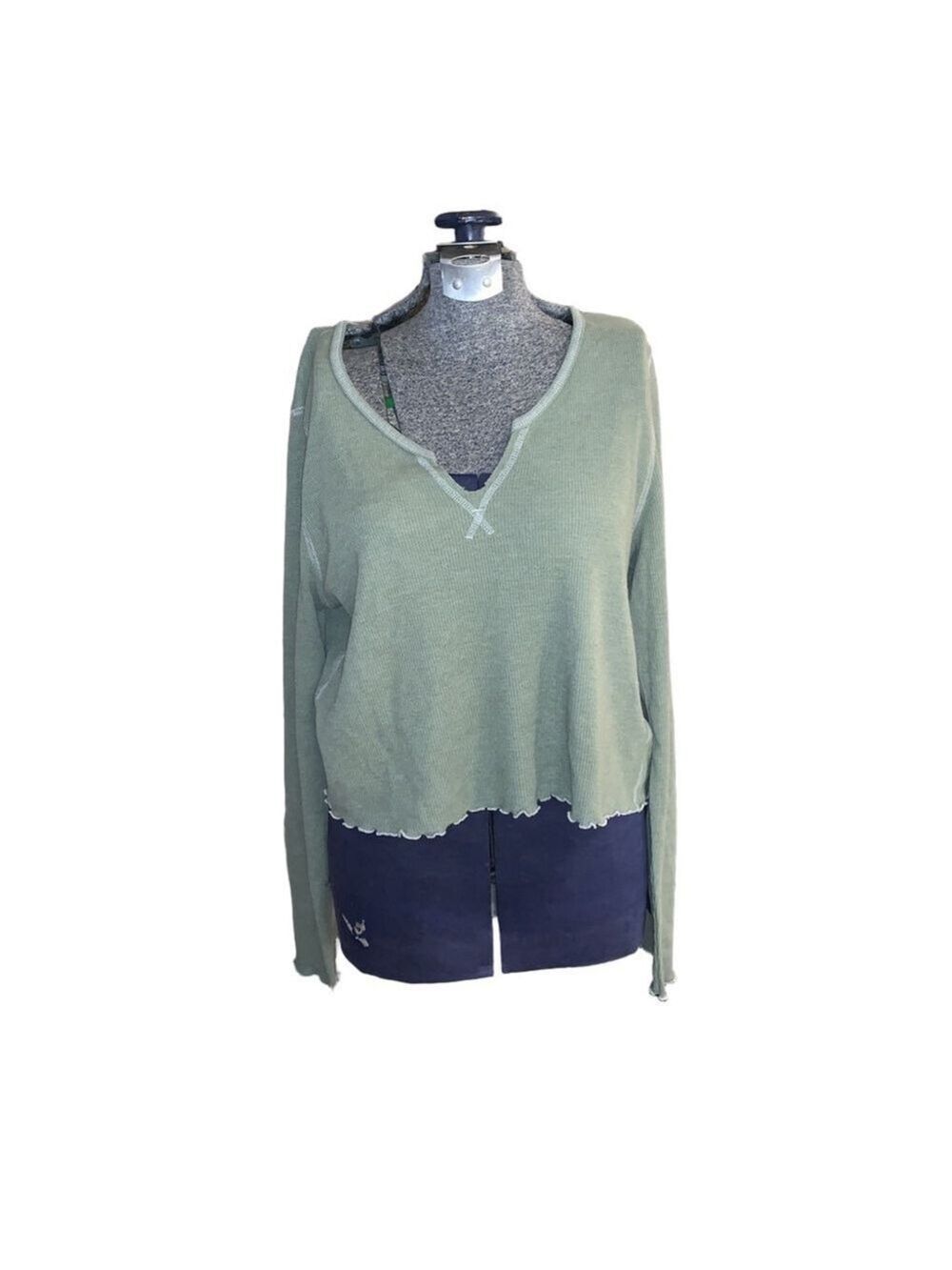 American Eagle Green Waffle Knit Long Sleeve Crop Top XL